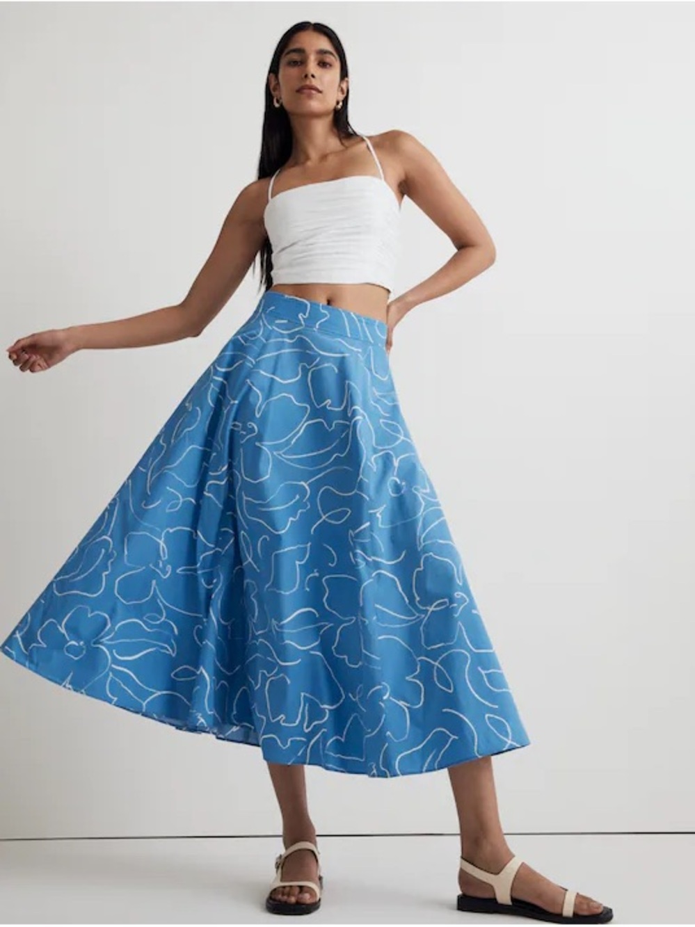 Madewell Blue White Floral Line Art Outline Maxi Skirt Size 8